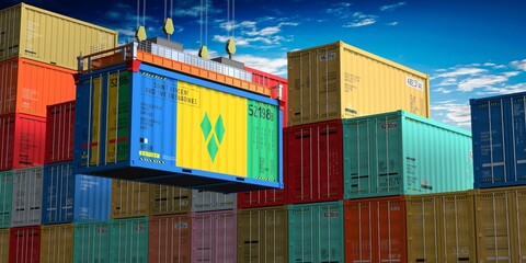 Freight shipping container with flag of Saint Vincent and the Grenadines on crane hook - 3D illustration - obrazy, fototapety, plakaty