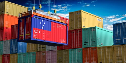 Freight shipping container with flag of Samoa on crane hook - 3D illustration