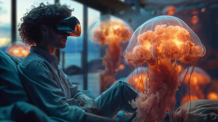 Man using a VR headset to view a virtual 3D jellyfish at home