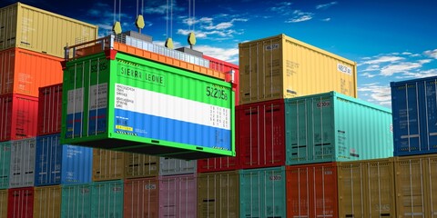 Freight shipping container with flag of Sierra Leone on crane hook - 3D illustration