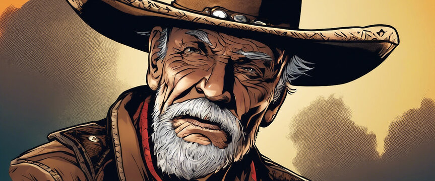 Old cowboy. An elderly man wearing a sambrero cowboy hat. Heroic image. A fictional plot. AI generated