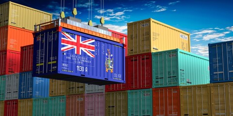 Freight shipping container with flag of South Georgia and South Sandwich Islands on crane hook - 3D illustration