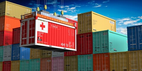 Fototapeta premium Freight shipping container with flag of Tonga on crane hook - 3D illustration