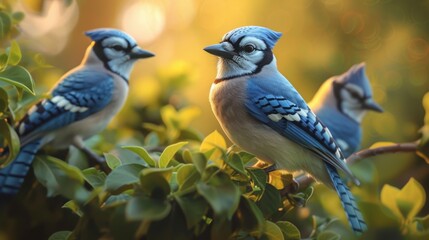 Group of blue jays in the lush greenery, highlighted by the warm sunlight.