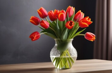 Valentine's Day, Mother's Day, National Grandmothers Day, International Women's Day, bouquet of red tulips in a glass vase on a wooden table, dark gray background