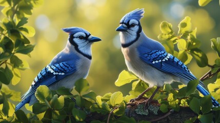 Blue jays among the green leaves in soft lighting, interacting in their habitat.