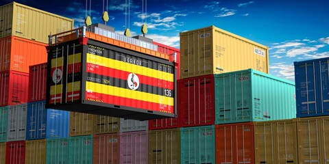 Freight shipping container with flag of Uganda on crane hook - 3D illustration