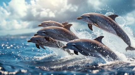 Group of dolphins jumping from sea with sun rays piercing through clouds.