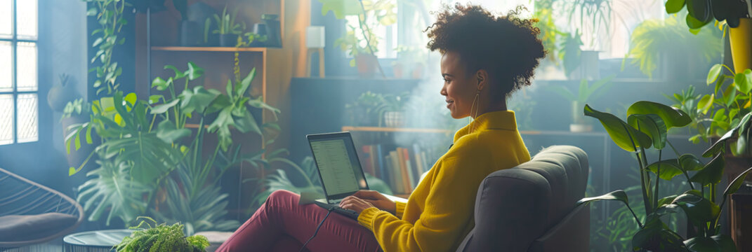 Lebendiges Porträt einer Frau, die an einem Laptop in einem futuristischen Arbeitsbereich arbeitet, Schreibtisch und Büro sehr modern eingerichtet und mit Pflanzen dekoriert.