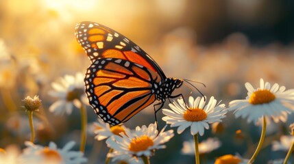 Monarch butterfly on white daisy, with a soft-focus background in golden hour.