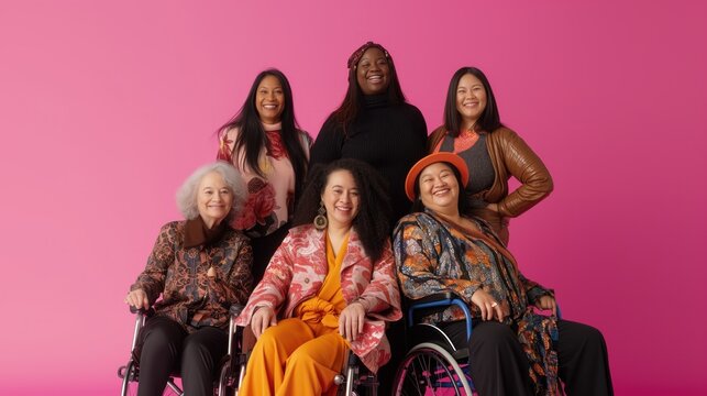 Grupo de mulheres posando para foto com fundo rosa em est&uacute;dio.