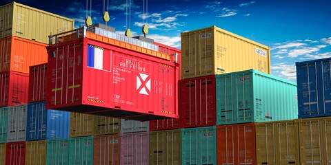 Freight shipping container with flag of Wallis and Futuna on crane hook - 3D illustration