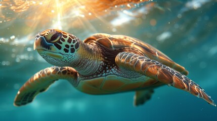 Fototapeta premium Sea turtle underwater with sunlight piercing the ocean surface above.