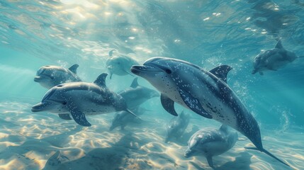Fototapeta premium A pod of dolphins swims gracefully under the sea's surface, bathed in sunlight. The playfulness of these marine mammals is evident in their natural habitat.