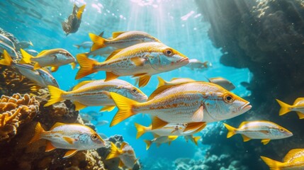 A school of yellowtail snappers swims among coral, their sleek bodies gliding effortlessly in the clear waters.