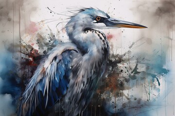 Painting of a majestic heron in striking blue hues. Generative AI - obrazy, fototapety, plakaty