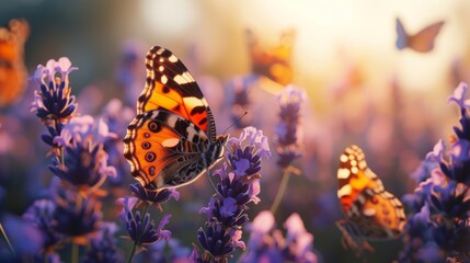 Painted lady butterflies gather on a lavender bush, their wings aflutter in the soft light of dusk.