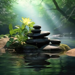 Obraz na płótnie Canvas spa meditative composition black stone in the water