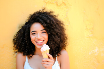 Portrait of a smiling curly afroamerican woman by a yellow wall with eating a icecream cone,