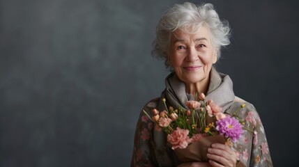 Uma mulher idosa em um fundo fotografico cinza