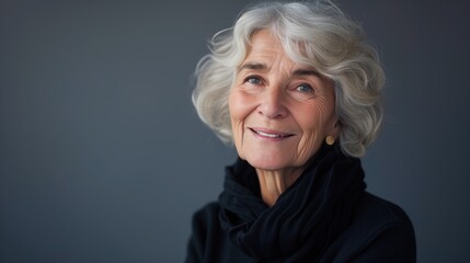 Uma mulher idosa em um fundo fotografico cinza