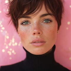 A close-up portrait of a woman with striking freckles, captivating green eyes, and a subtle expression, set against a soft pink backdrop with delicate bokeh, highlighting her natural beauty and the de