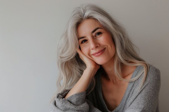 Mulher acima de 50 anos posando em fundo cinza