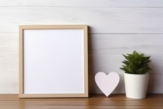 Blank photo frame, heart gift and plant on shelf, wooden wall with copy space, Valentine's day, Mother's day, Women's Day and love concept