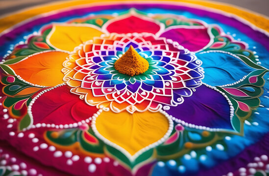 Intricate Holi rangoli designs created solely with colorful powders, showcasing the artistry