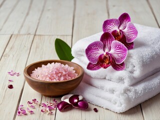 Obraz na płótnie Canvas Spa cosmetic and beauty treatment concept. Pink spa sea salt, white towel and purple orchid on white wooden background