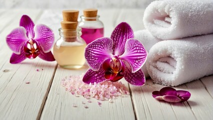 Spa cosmetic and beauty treatment concept. Pink spa sea salt, aroma oil,  white towel and purple orchid on white wooden background