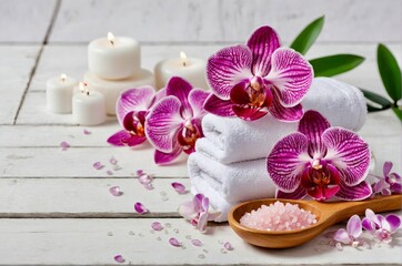 Spa cosmetic and beauty treatment concept. Pink spa sea salt, aroma candle, white towel and purple orchid on white wooden background