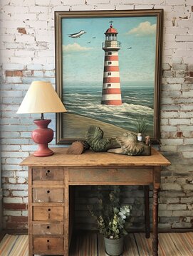 Vintage Lighthouse Views: Beach Scene Painting for Rustic Wall Decor