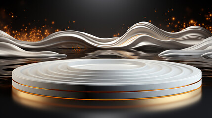 White Podium With Gold Edging Elements And White Wave On Background, Luxury Design For Beauty Products