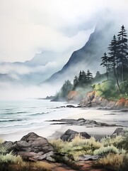 Misty Mountain Peaks: A Beach Scene Painting of Enveloped Foggy Mountain Landscape