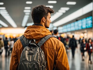 Close up of back view of male traveler with backpack walking in airport terminal at sunset