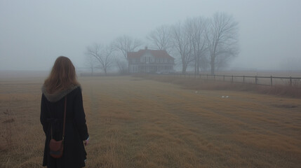 Woman walks towards a lone farmhouse in the fog