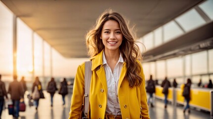 Happy young woman traveler abroad wearing in the yellow overcoat walking in airport, unfocused...