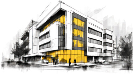 A modernized office building depicted in a captivating watercolor sketch