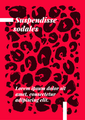 Diseño de poster con patron de leopardo, motivos de animal print. Ilustración vectorial de leopardo. Recurso grafico, plantilla para poster, cartel, tarjetas de felicitación
