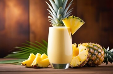 Fresh pineapple smoothie in glass. Refreshing tropical drink with pineapple - 732722001