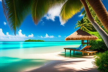 AI generated illustration of a tropical beach scene with a blue ocean and lush green palm trees