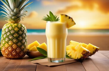 Fresh pineapple cocktail in glass. Refreshing tropical drink with pineapple on the beach - 732722008