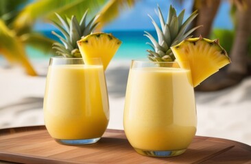 Fresh pineapple smoothie in glass. Refreshing tropical drink with pineapple - 732722015