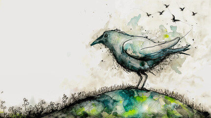 Ink and watercolor art of a bird resting in the ground with space room for copy - Earth Day concept Greeting card Minimalist Illustration