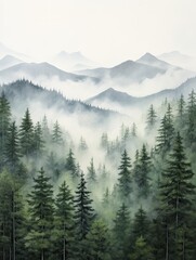 Botanical Wall Art: Mist-Enveloped Mountain Peaks - Foggy Nature Scene in a Serene Mountain Landscape
