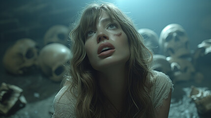 Naklejka premium Captive woman looks for help in room surrounded by human skulls