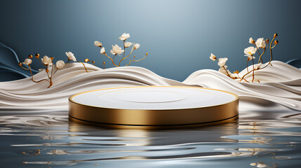 White Podium With Gold Edging Elements And White Wave On Background, Luxury Design For Beauty Products