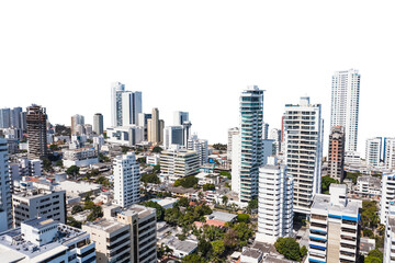 Fototapeta na wymiar Aerial panoramic view of the Bocagrande district Skyscrapers in Cartagena Colombia on isolated png background