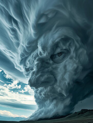 Terrifying face of celestial being or demon forming in storm clouds